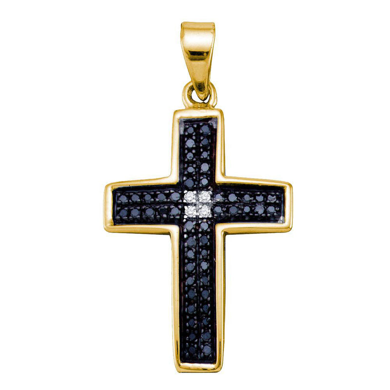 Yellow-tone Sterling Silver Womens Round Black Color Enhanced Diamond Cross Pendant 1/6 Cttw