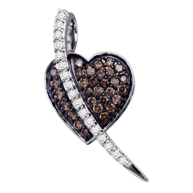 10kt White Gold Womens Round Brown Diamond Heart Pendant 1/2 Cttw