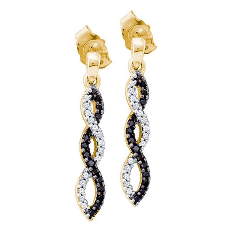 14kt Yellow Gold Womens Round Black Color Enhanced Diamond Twist Dangle Earrings 1/6 Cttw