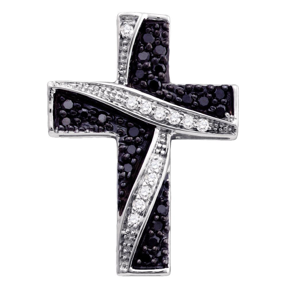 14kt White Gold Womens Round Black Color Enhanced Diamond Cross Pendant 1/4 Cttw