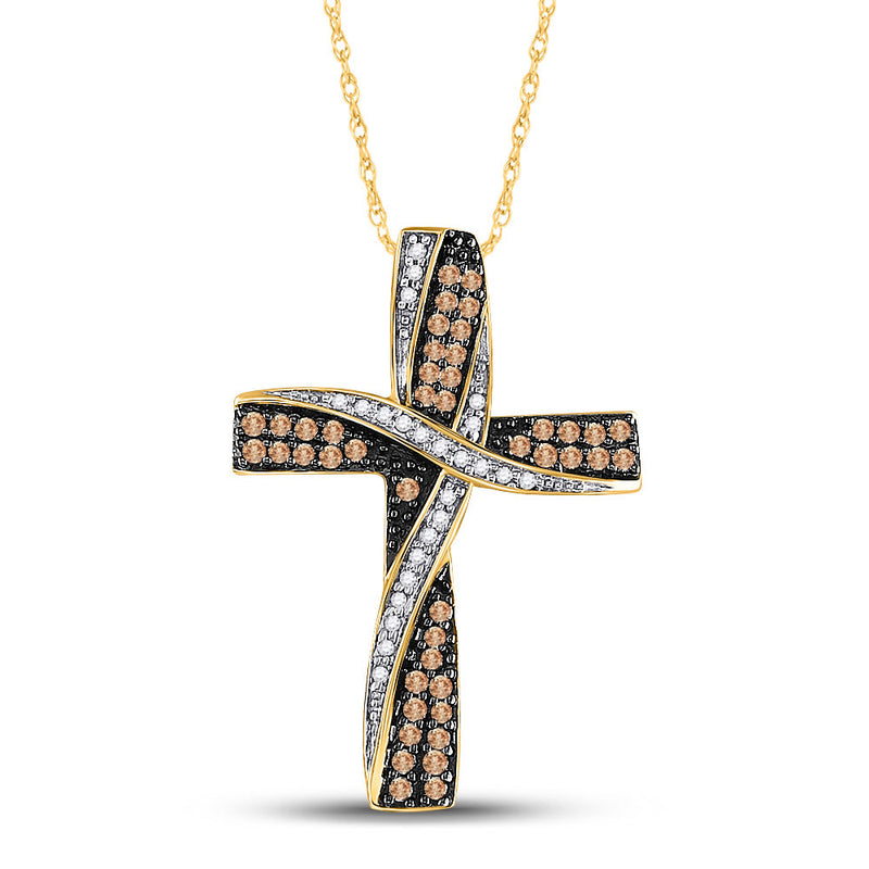 14kt Yellow Gold Womens Round Brown Diamond Bound Cross Pendant 1/2 Cttw