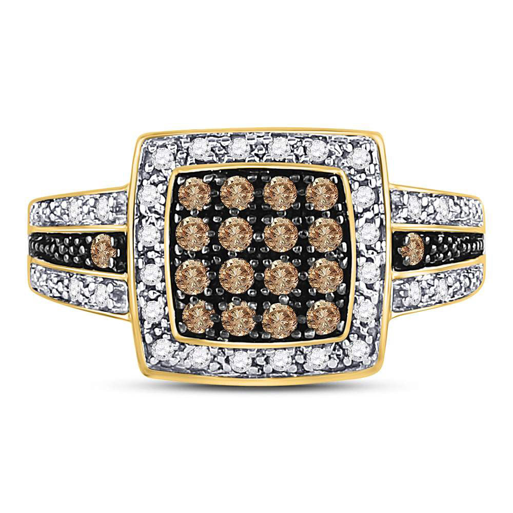 10kt Yellow Gold Womens Round Brown Diamond Square Cluster Ring 1/2 Cttw