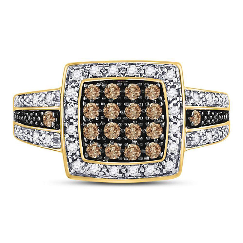 10kt Yellow Gold Womens Round Brown Diamond Square Cluster Ring 1/2 Cttw