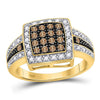 10kt Yellow Gold Womens Round Brown Diamond Square Cluster Ring 1/2 Cttw