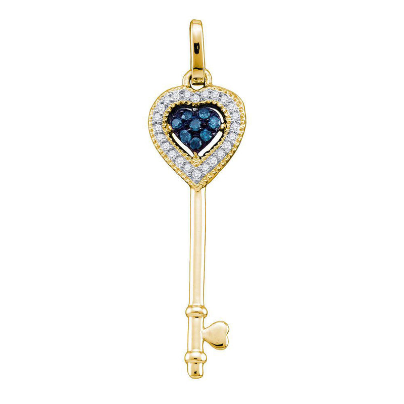 14kt Yellow Gold Womens Round Blue Color Enhanced Diamond Key Love Pendant 1/10 Cttw