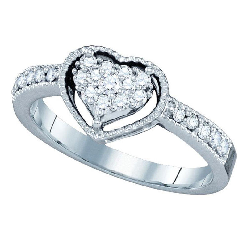 14kt White Gold Womens Round Diamond Heart Cluster Ring 1/3 Cttw