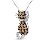 10kt White Gold Womens Round Brown Diamond Kitty Cat Animal Pendant 1/3 Cttw