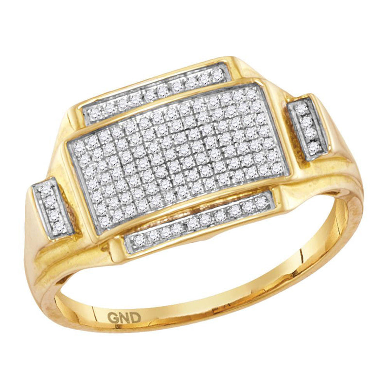 10kt Yellow Gold Mens Round Pave-set Diamond Rectangle Cluster Ring 1/4 Cttw