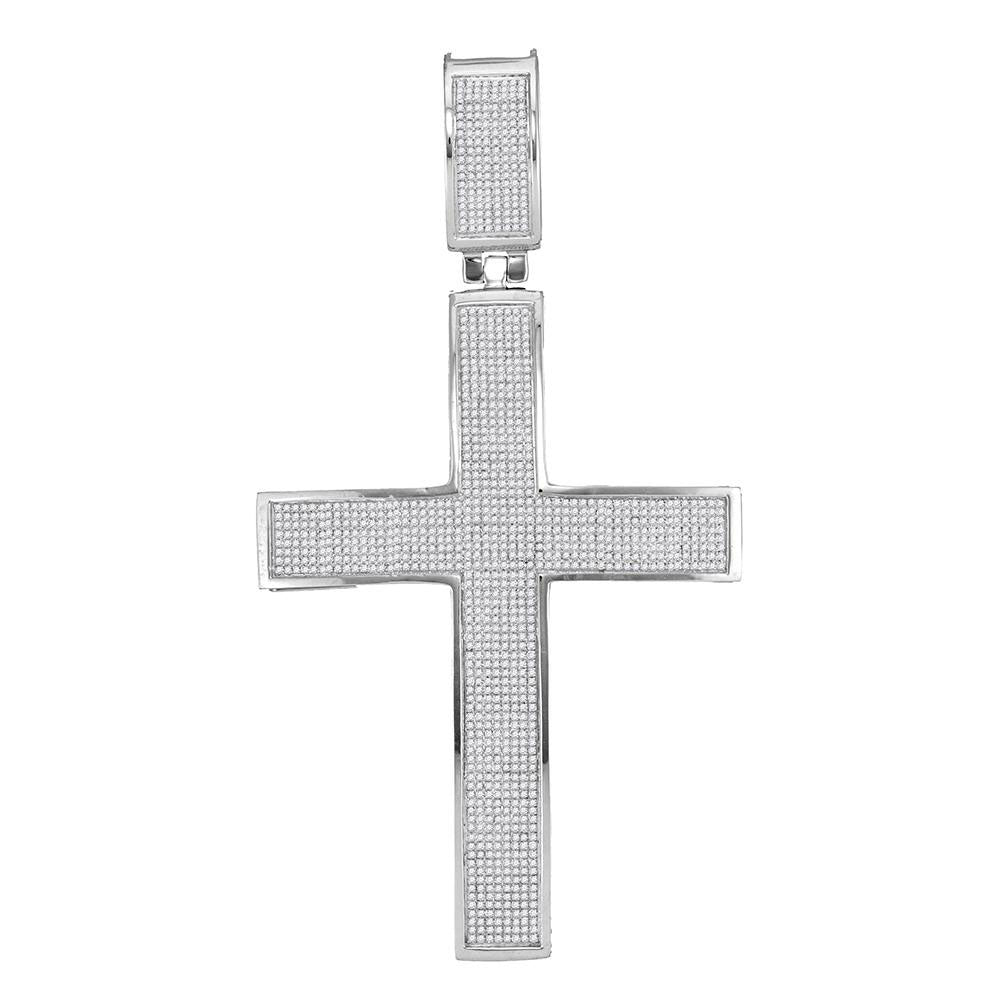 10kt White Gold Mens Round Diamond Roman Cross Charm Pendant 1-7/8 Cttw