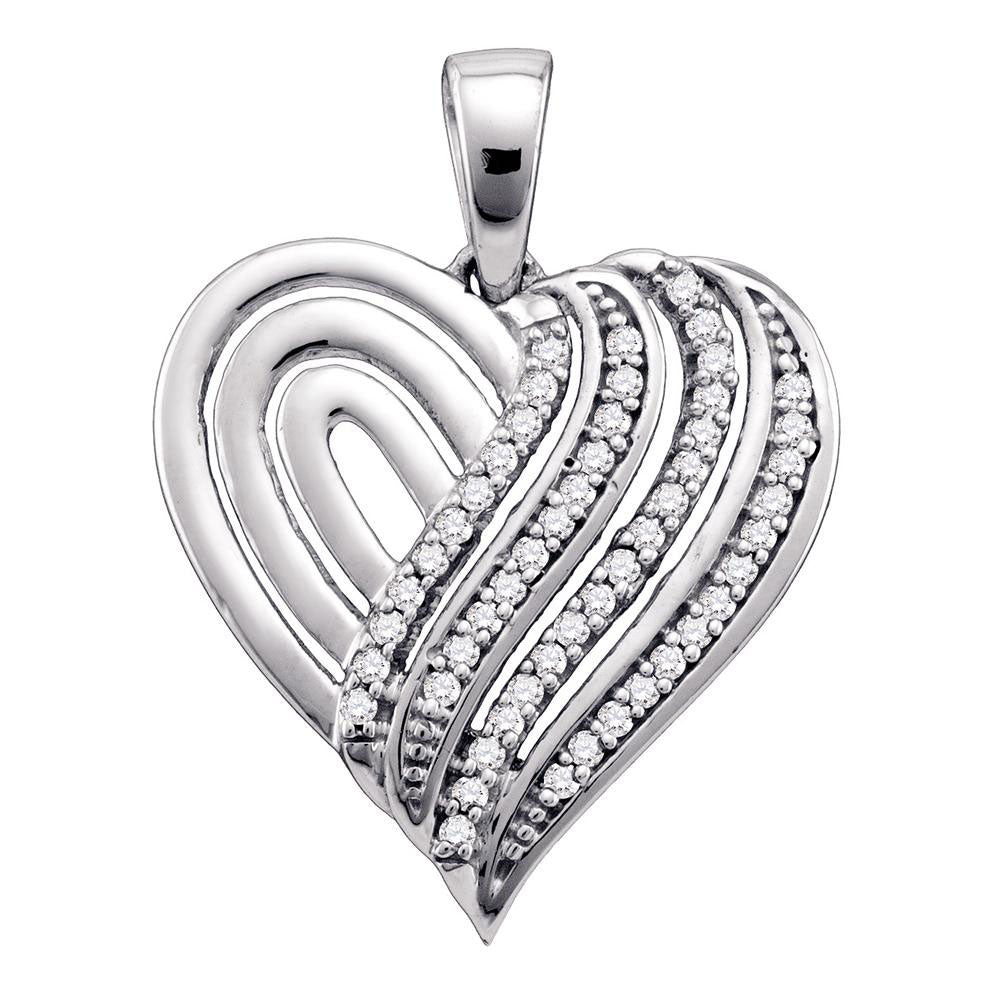 10kt White Gold Womens Round Diamond Striped Heart Pendant 1/6 Cttw