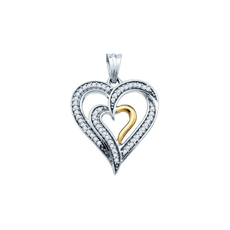 10kt White Gold Womens Round Diamond Double Nested 2-tone Heart Pendant 1/6 Cttw