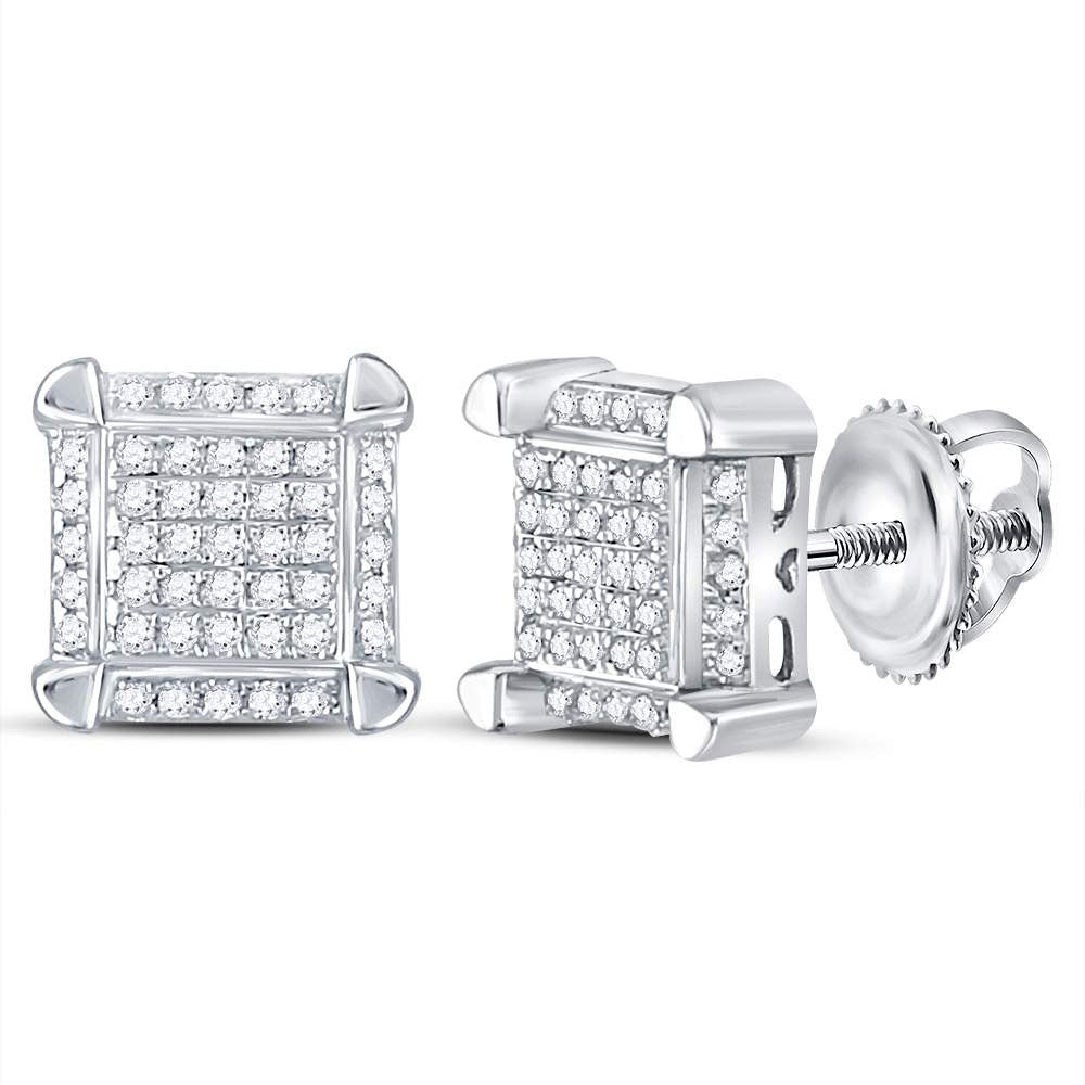 10kt White Gold Mens Round Diamond Square Cluster Stud Earrings 1/6 Cttw