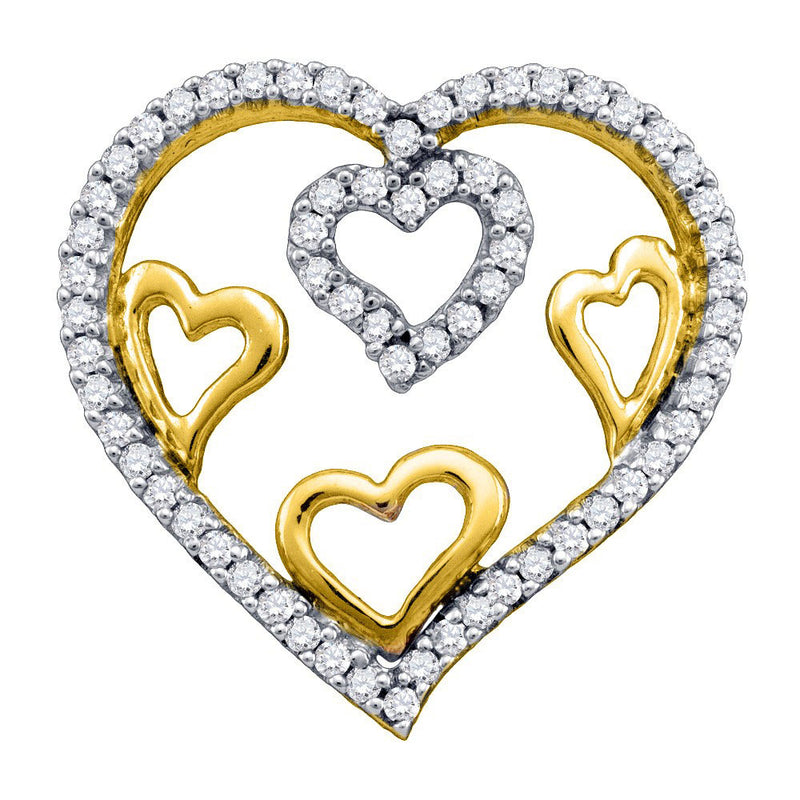 10kt Yellow Gold Womens Round Diamond Nested Heart Pendant 1/5 Cttw