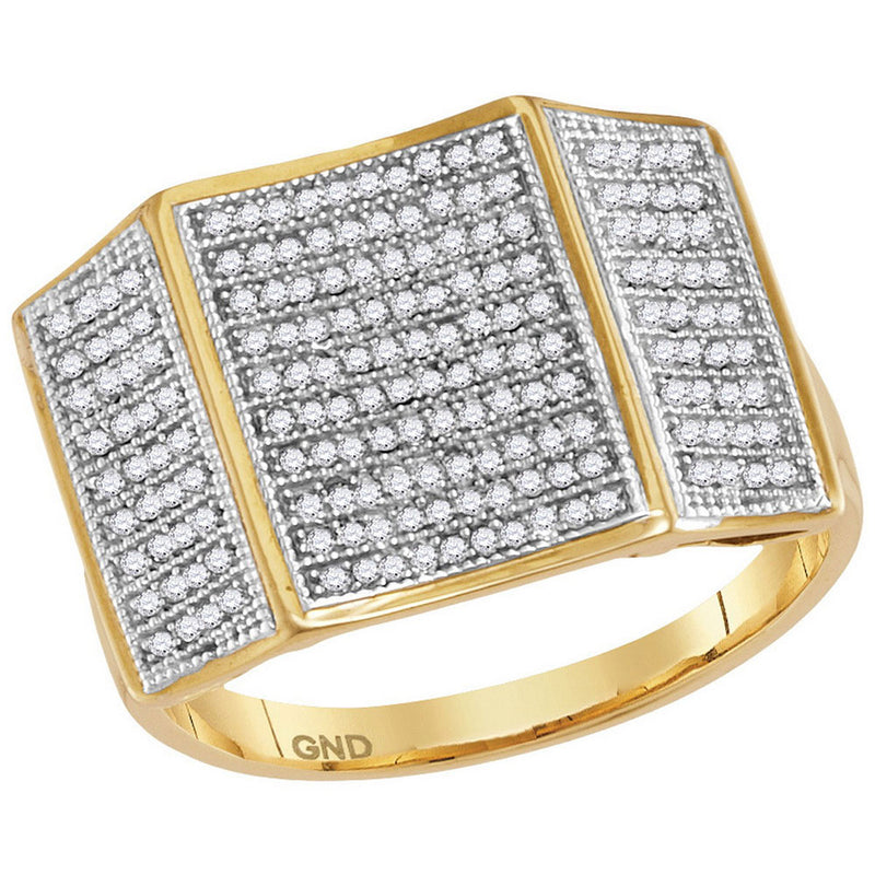 10kt Yellow Gold Mens Round Pave-set Diamond Concave Rectangle Cluster Ring 1/2 Cttw