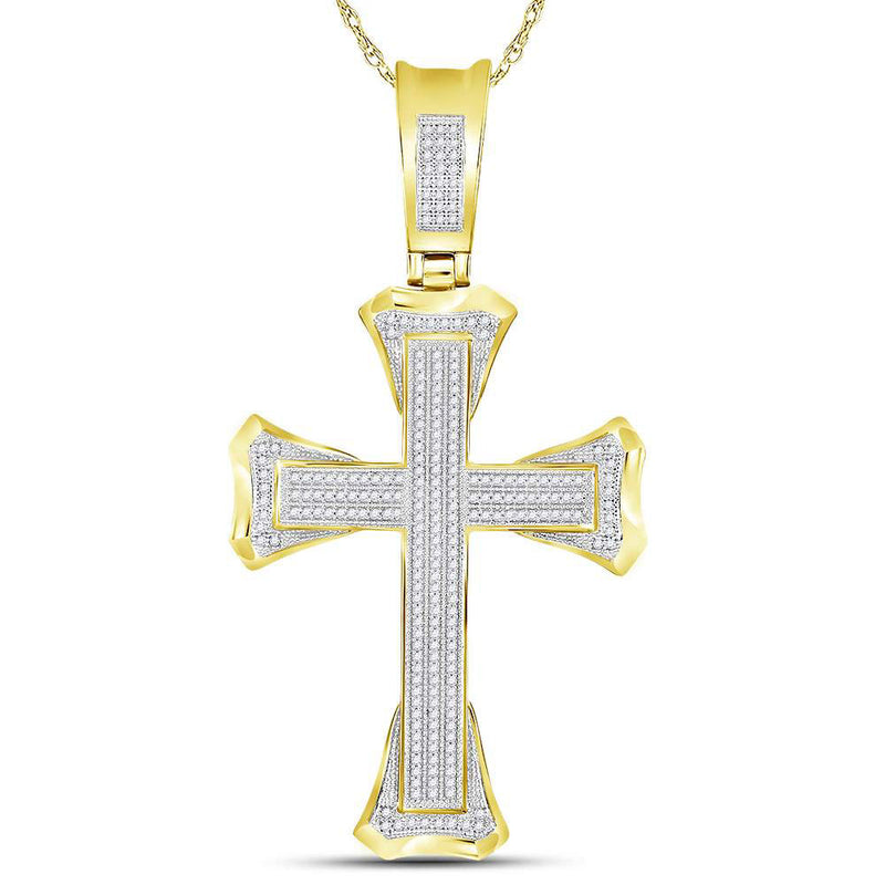 10kt Yellow Gold Mens Round Diamond Flared Cross Charm Pendant 3/4 Cttw