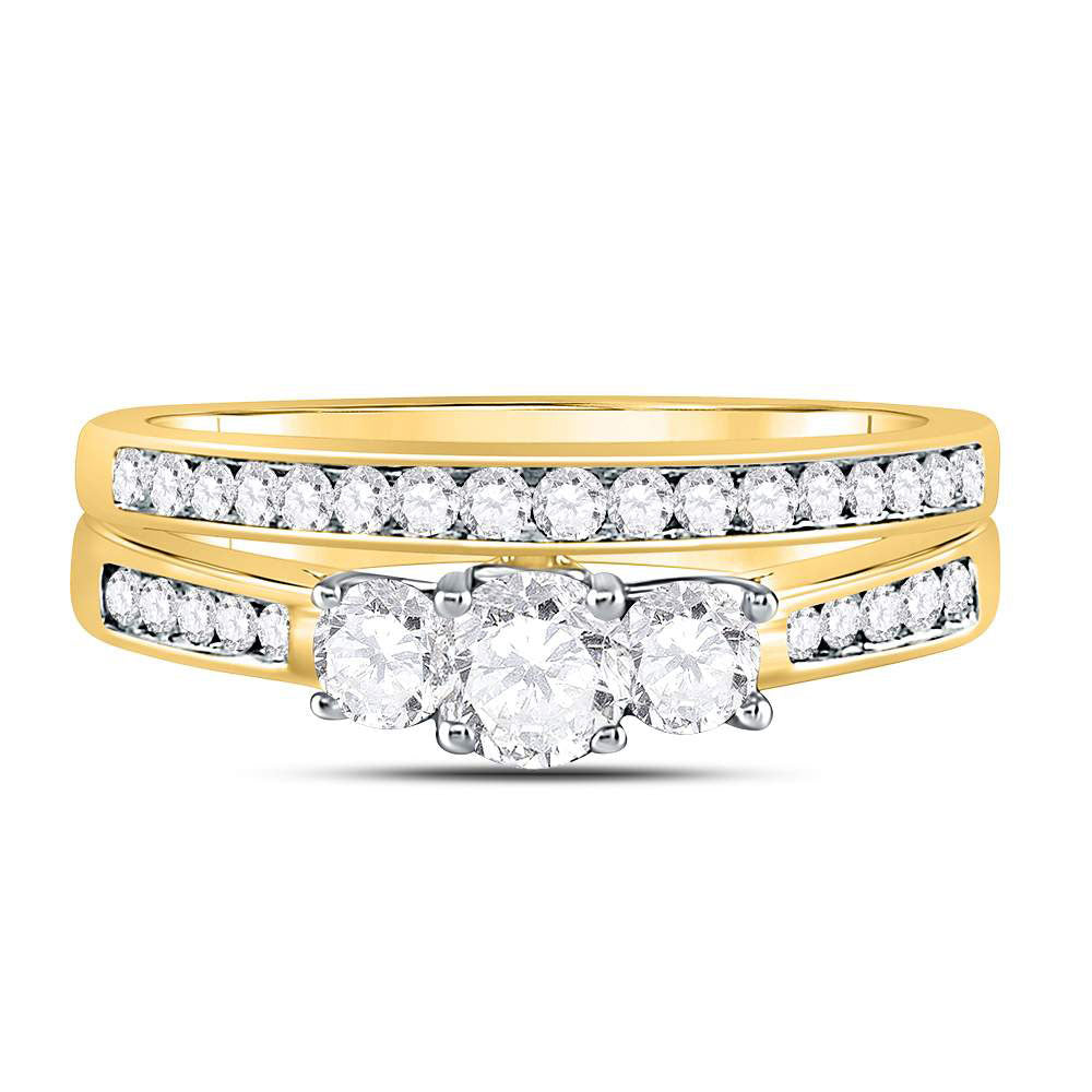 14kt Yellow Gold Round Diamond Bridal 3-Stone Wedding Engagement Ring Band Set 1 Cttw