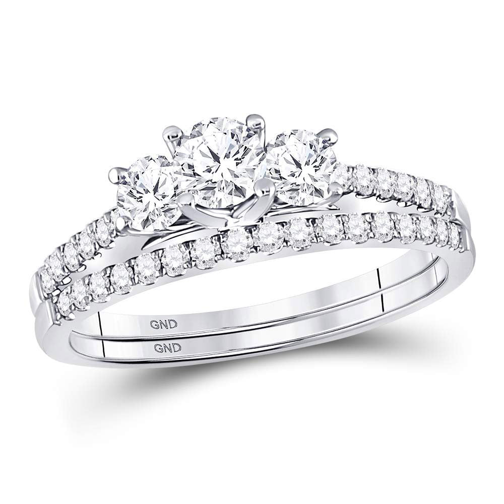 14kt White Gold Round Diamond 3-stone Bridal Wedding Ring Band Set 1 Cttw