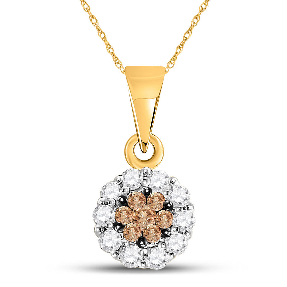 14k Yellow Gold Brown Flower Cluster Diamond Womens Pendant 1/4 Cttw