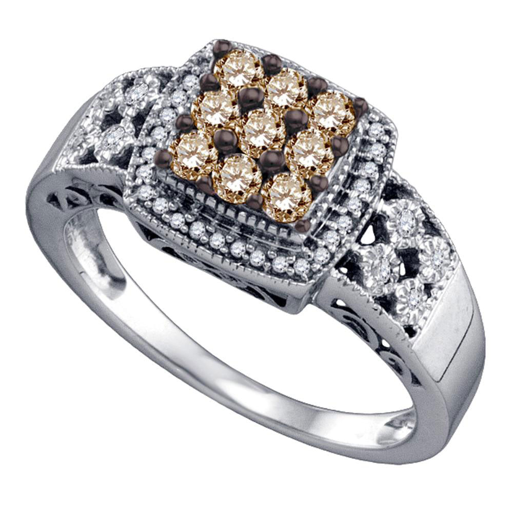 10kt White Gold Womens Round Brown Diamond Square Cluster Ring 1/2 Cttw