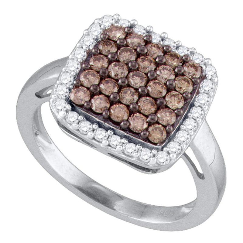 10kt White Gold Womens Round Brown Diamond Square Cluster Ring 1 Cttw