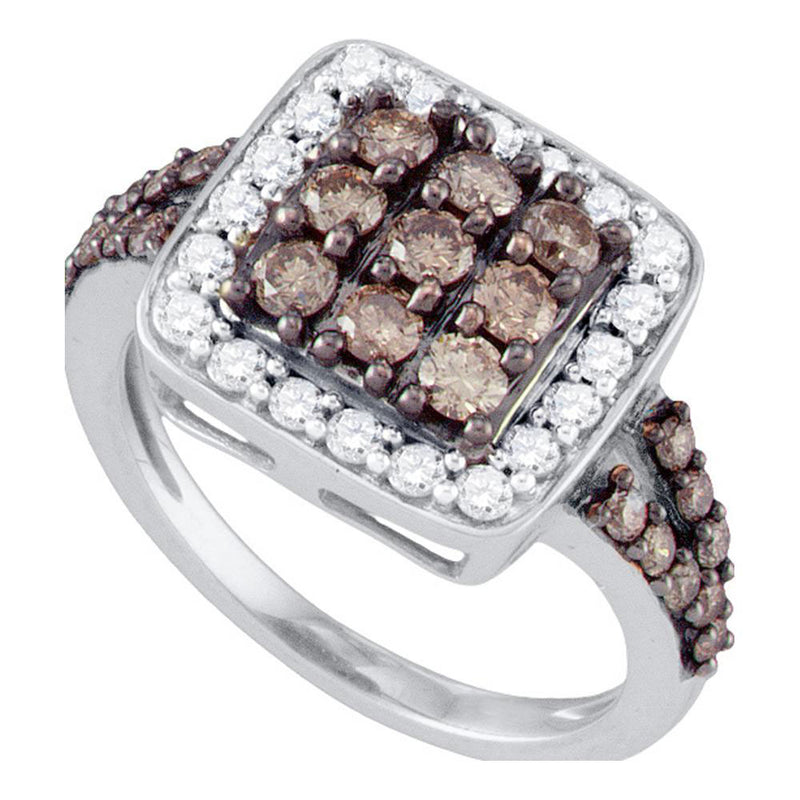 10kt White Gold Womens Round Brown Diamond Square Cluster Ring 1-5/8 Cttw