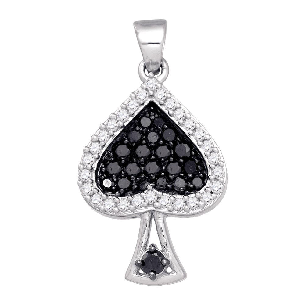 10kt White Gold Womens Round Black Color Enhanced Diamond Spade Cluster Pendant 1/2 Cttw