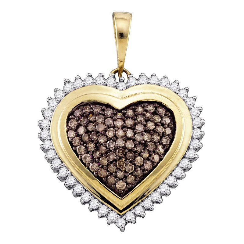 10kt Yellow Gold Womens Round Brown Diamond Framed Heart Cluster Pendant 1 Cttw