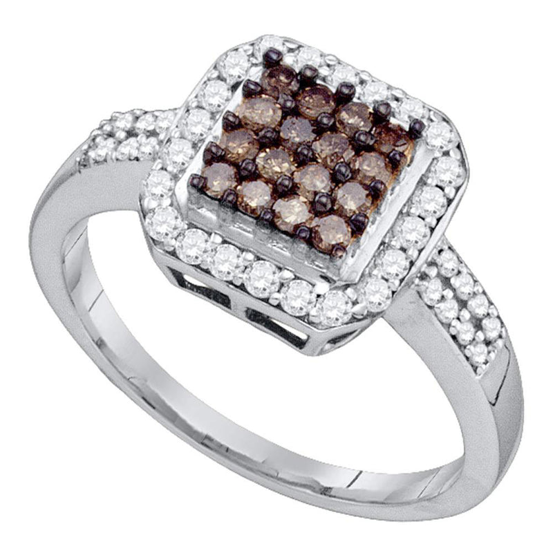 10kt White Gold Womens Round Brown Diamond Square Cluster Ring 1/2 Cttw