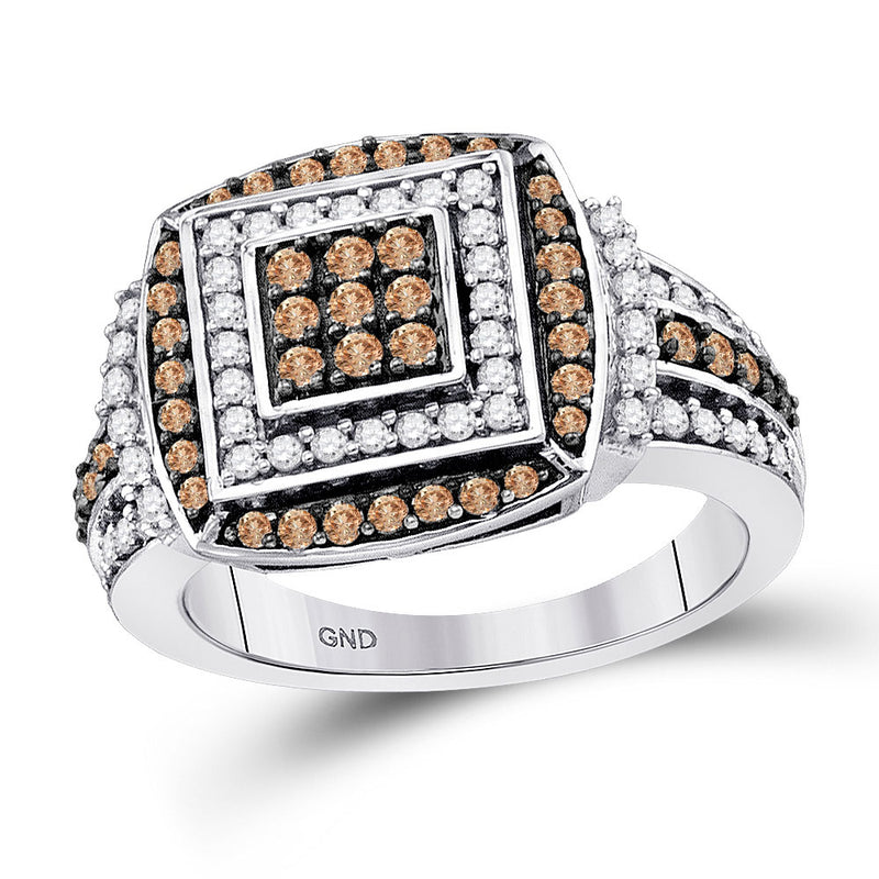 10kt White Gold Womens Round Brown Diamond Square Cluster Ring 1 Cttw