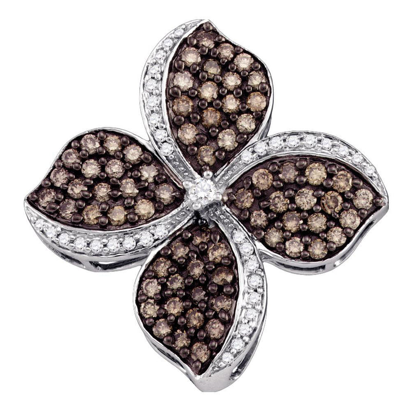 10kt White Gold Womens Round Brown Diamond Flower Cluster Pendant 1 Cttw