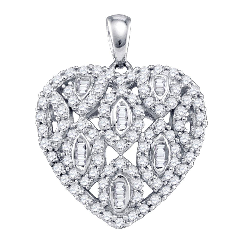 10kt White Gold Womens Round Diamond Heart Cluster Pendant 3/4 Cttw