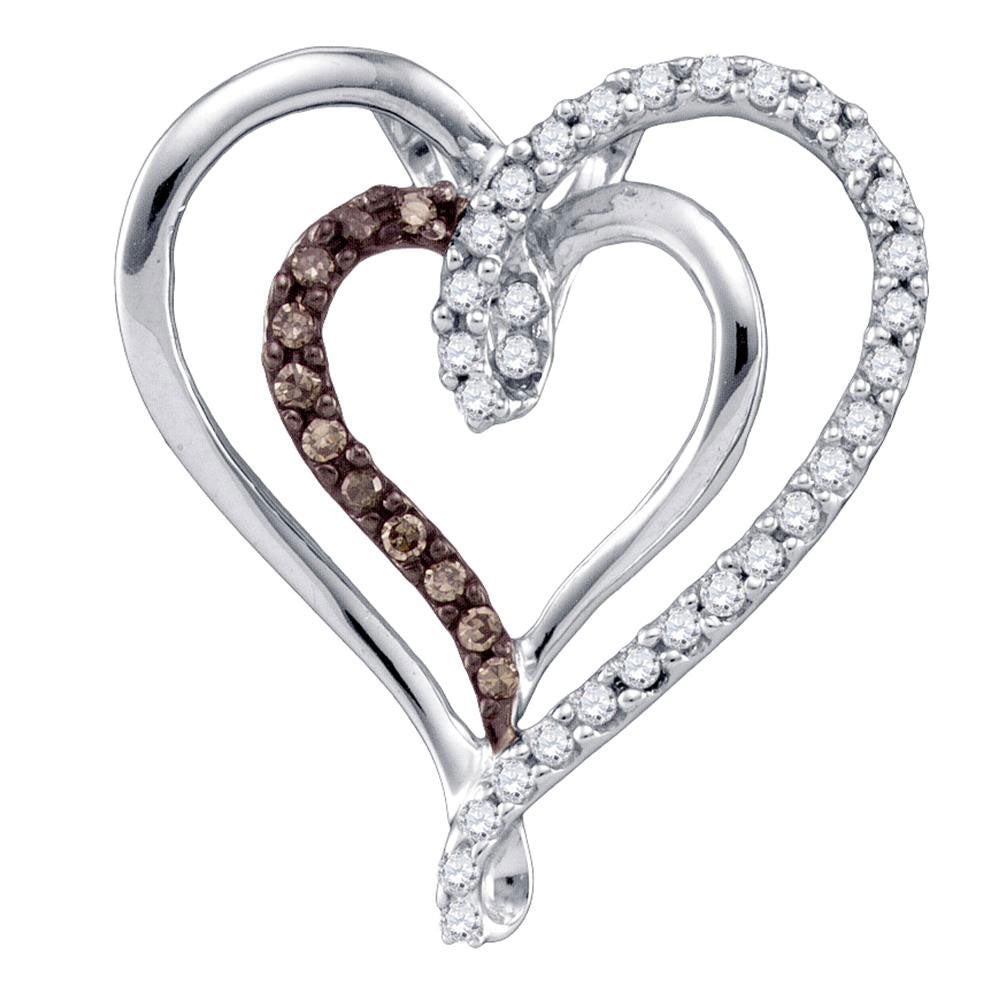 10kt White Gold Womens Round Brown Diamond Double Nested Heart Pendant 1/4 Cttw