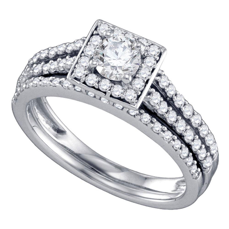 14kt White Gold Round Diamond Square Halo Bridal Wedding Ring Band Set 1 Cttw