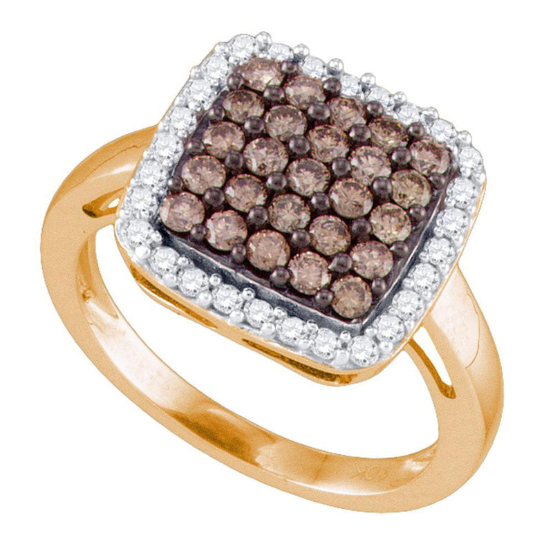 10kt Rose Gold Womens Round Brown Diamond Square Cluster Ring 1 Cttw