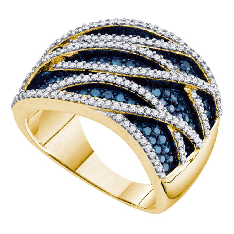 10kt Yellow Gold Womens Round Blue Color Enhanced Diamond Striped Ring 1-1/4 Cttw