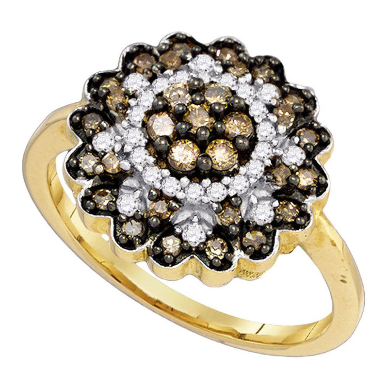 10kt Yellow Gold Womens Round Brown Diamond Flower Cluster Ring 5/8 Cttw