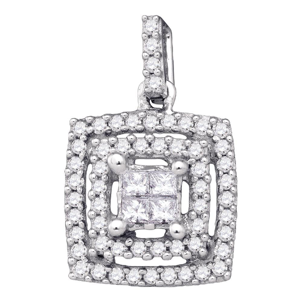 14kt White Gold Womens Princess Diamond Square Cluster Pendant 1/3 Cttw