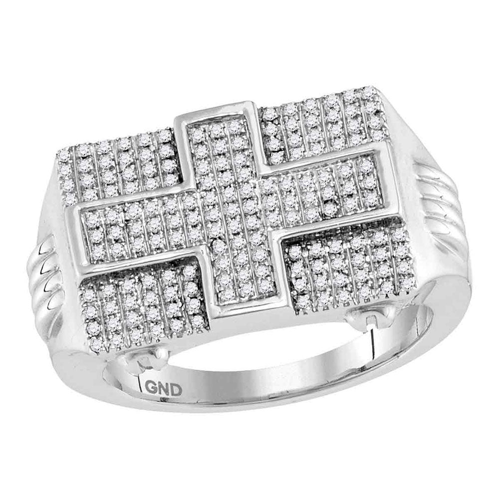 10kt White Gold Mens Round Diamond Rectangle Cross Cluster Ring 5/8 Cttw