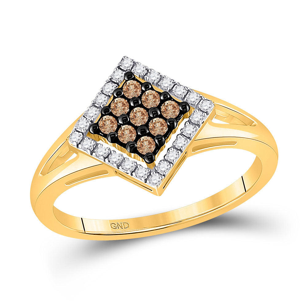 10kt Yellow Gold Womens Round Brown Diamond Square Cluster Ring 1/4 Cttw