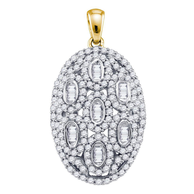 10kt Yellow Gold Womens Round Baguette Diamond Oval Cluster Pendant 1 Cttw