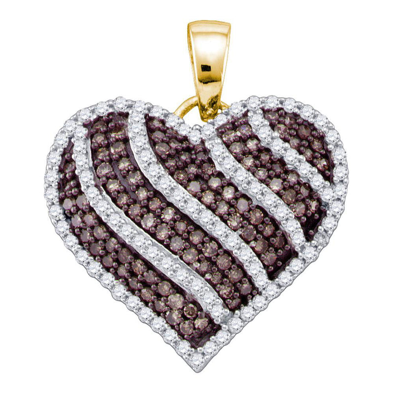 10kt Yellow Gold Womens Round Brown Diamond Striped Heart Pendant 1 Cttw