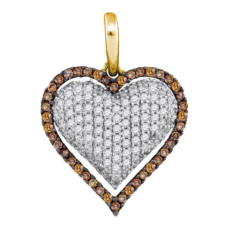 10kt Yellow Gold Womens Round Brown Diamond Outline Heart Cluster Pendant 7/8 Cttw