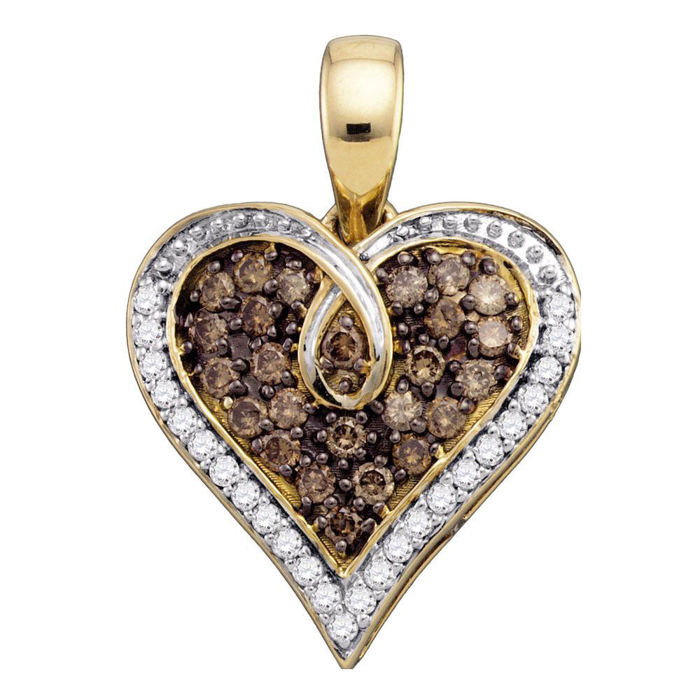 10kt Yellow Gold Womens Round Brown Diamond Heart Pendant 1/2 Cttw