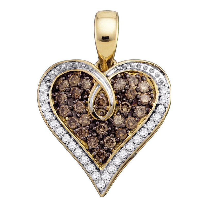 10kt Yellow Gold Womens Round Brown Diamond Heart Pendant 1/2 Cttw