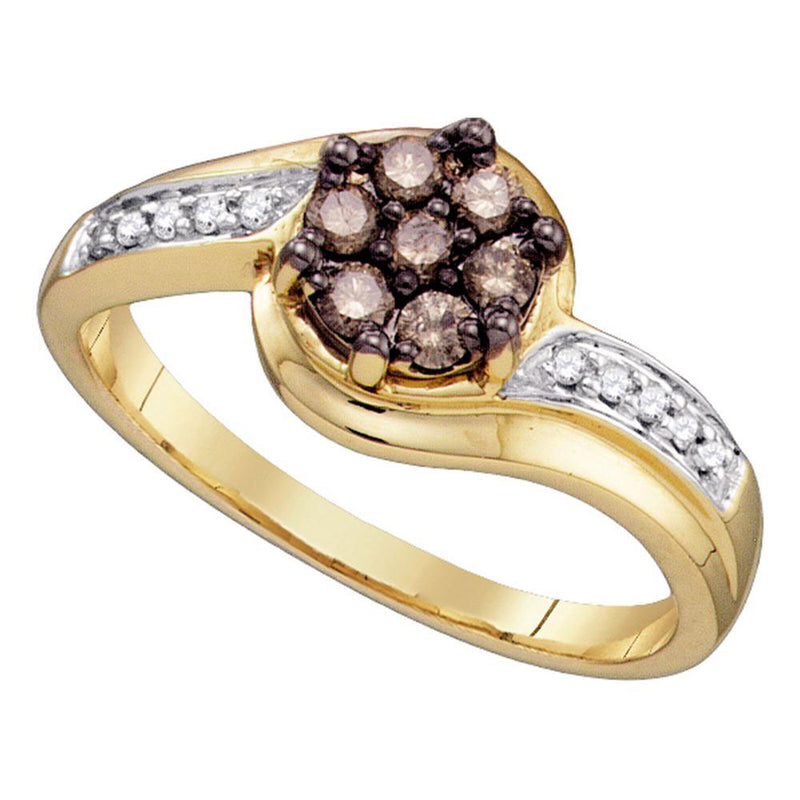 10kt Yellow Gold Womens Round Brown Diamond Flower Cluster Ring 1/3 Cttw