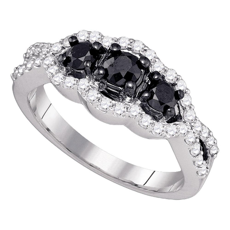 10kt White Gold Round Black Color Enhanced Diamond 3-stone Bridal Wedding Ring 1 Cttw