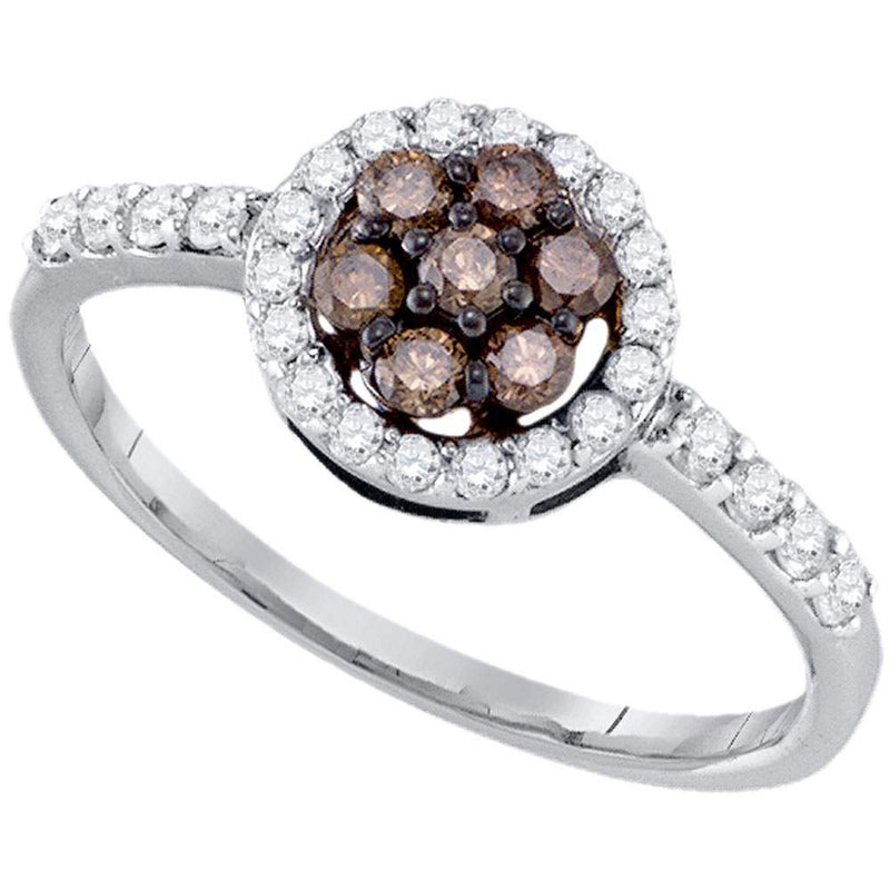 10kt White Gold Womens Round Brown Diamond Cluster Ring 1/2 Cttw