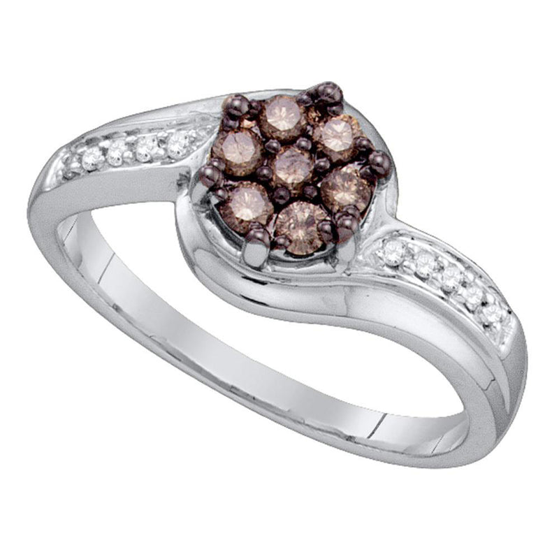 10kt White Gold Womens Round Brown Diamond Flower Cluster Ring 1/3 Cttw