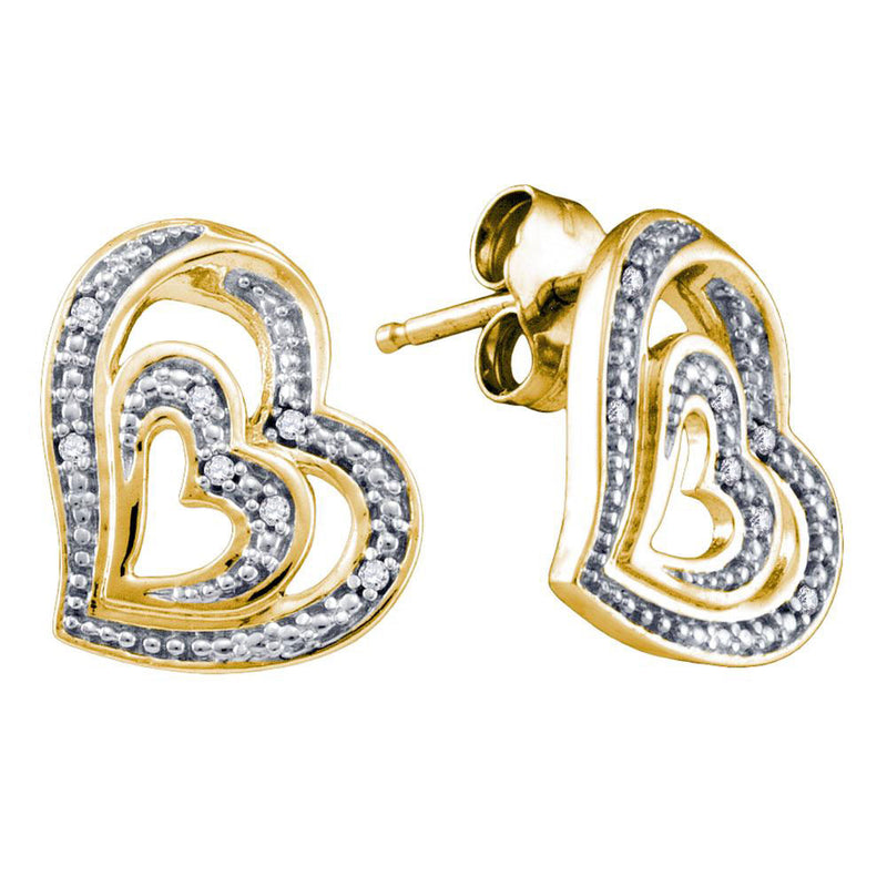 Yellow-tone Sterling Silver Womens Round Diamond Heart Stud Earrings 1/20 Cttw