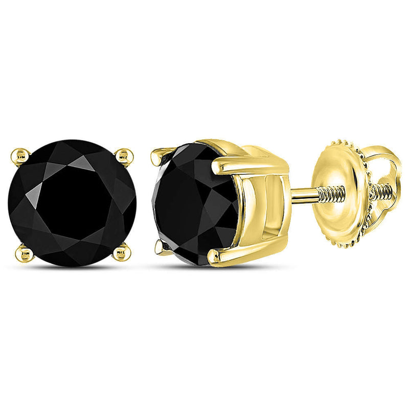 10kt Yellow Gold Unisex Round Black Color Enhanced Diamond Solitaire Earrings 3 Cttw